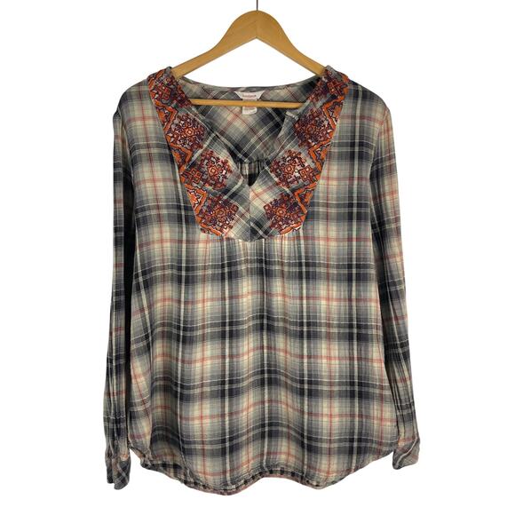 Sundance Black Orange Plaid Embroidered Long Sleeve Top V Neck Women's Large - Picture 1 of 10
